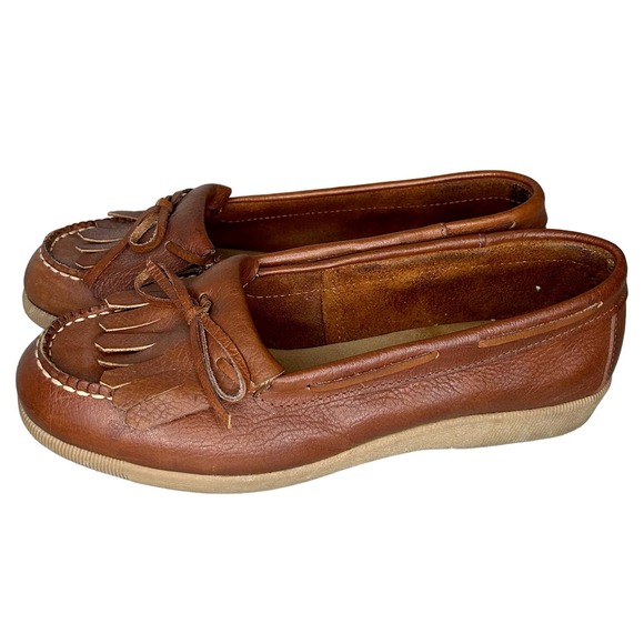 Vintage Shoes - Vintage 70s kiltie Fringe leather loafers slip on bow tie on front Brown 8